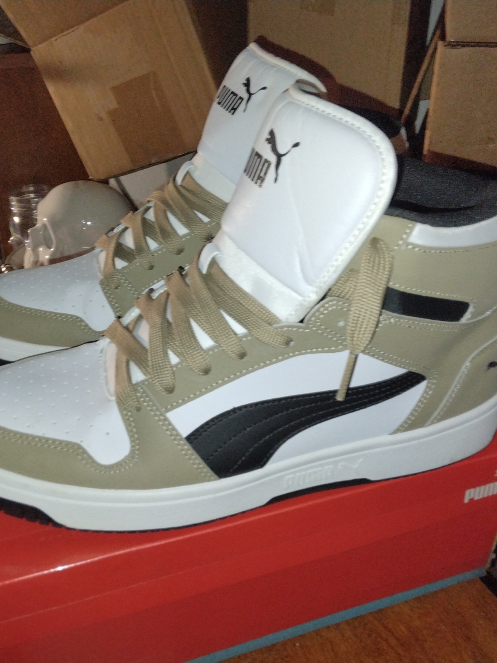 Puma Rebound Joy High-Top Sneakers in White, Beige & Black - 12